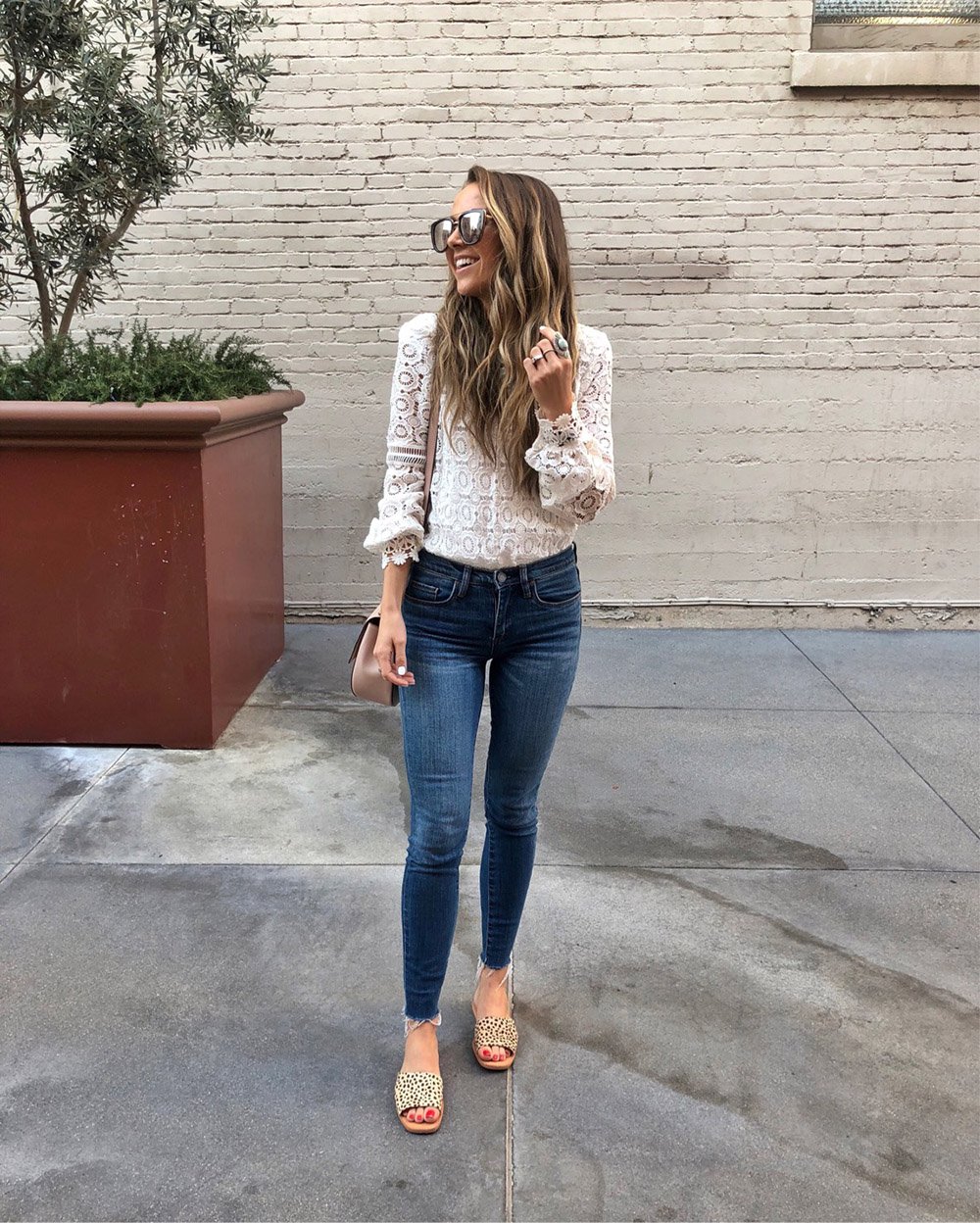 lace shirt and jeans