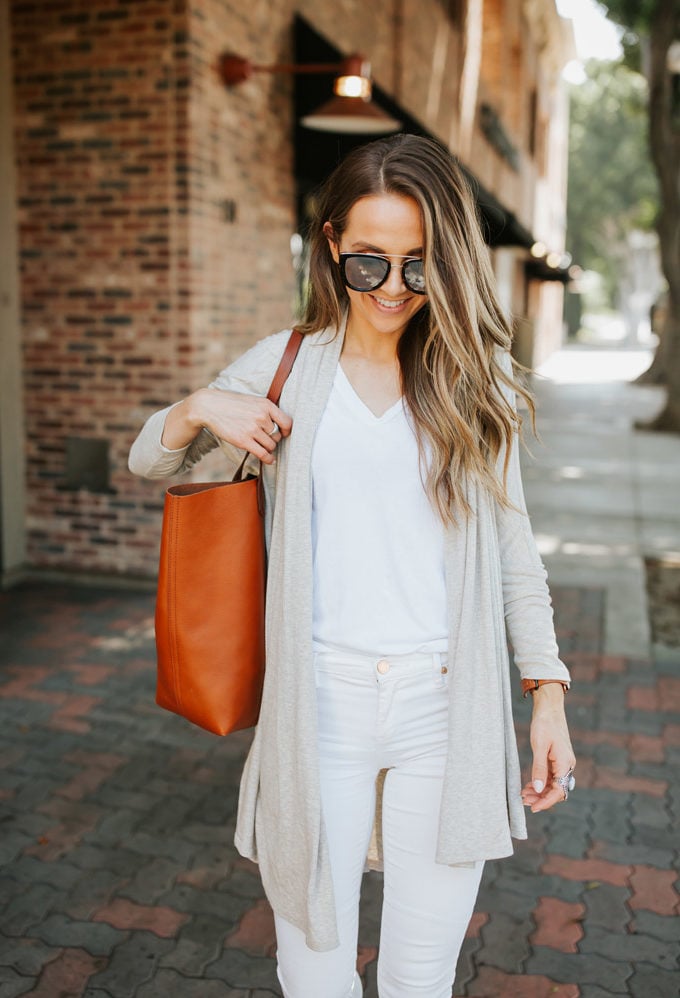 white jeans, white tee, oatmeal cardigan