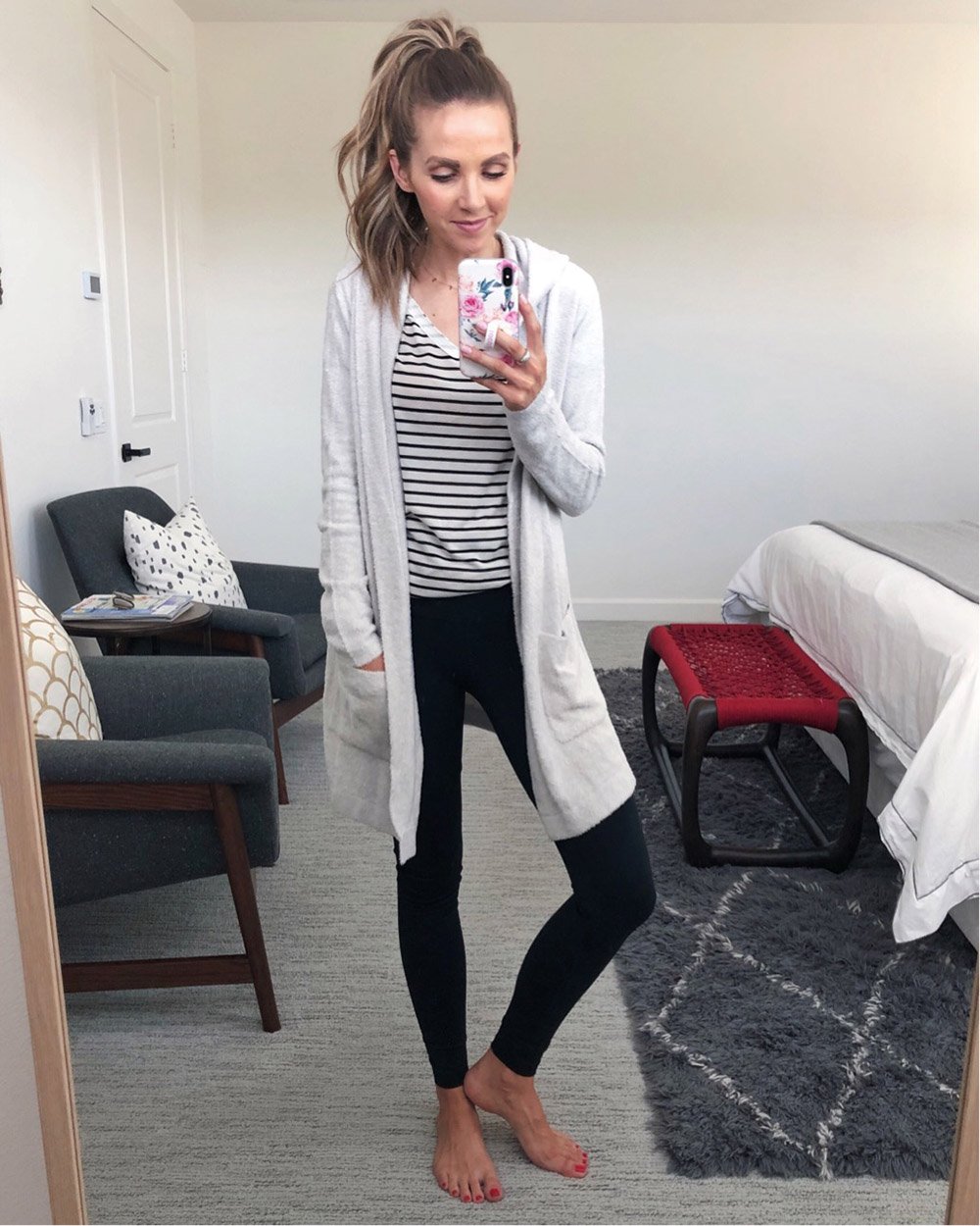 striped shirt and long cardigan