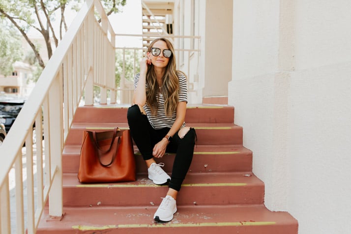 a cute travel outfit with shoes comfortable for walking