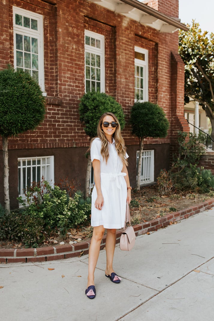 white shirt dress with tassel loafers