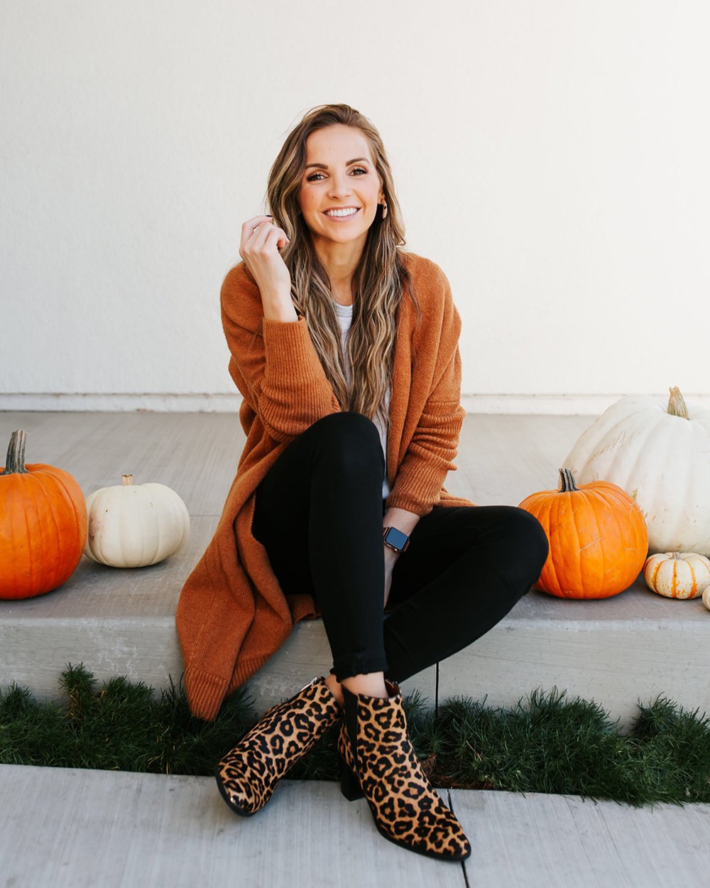 rust cardigan and leopard ankle boots