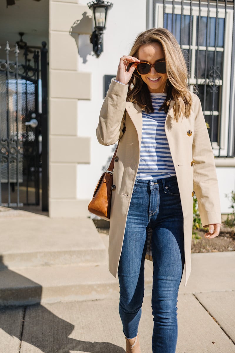 trench coat with stripes and jeans
