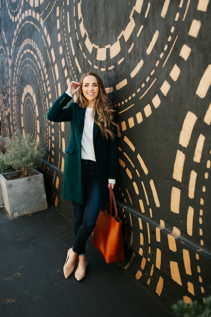 madewell leather tote and j.crew wool coat