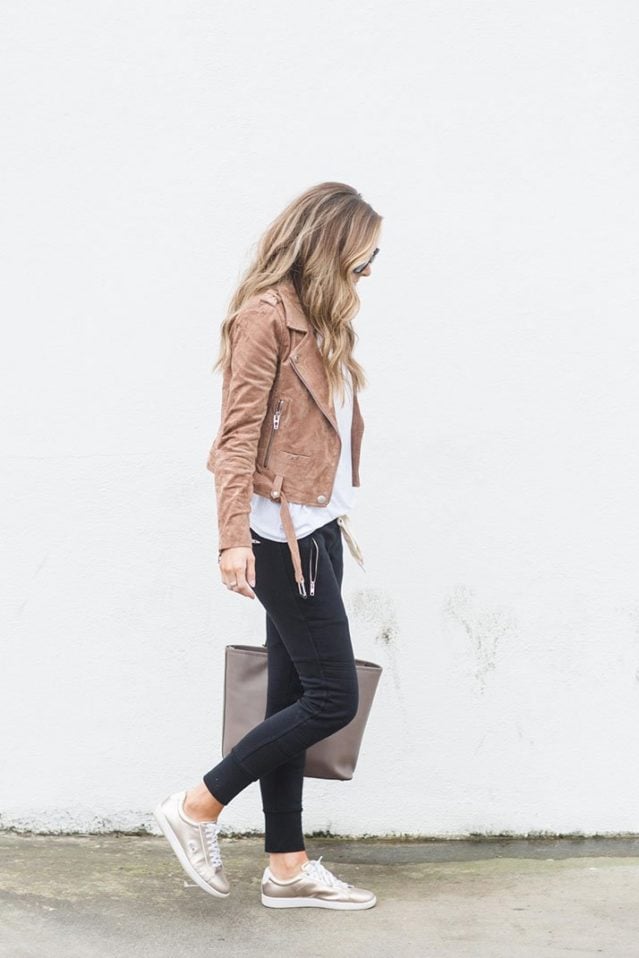 suede jacket with black joggers and sneakers