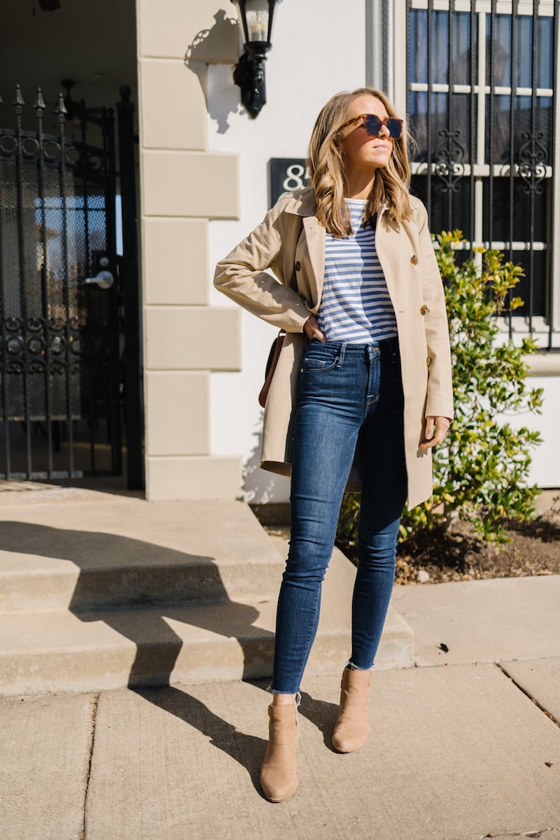trench coat with dark jeans and striped tee