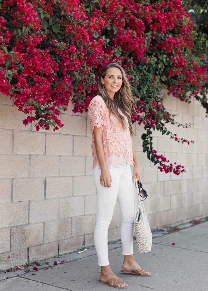 white jeans pink blouse