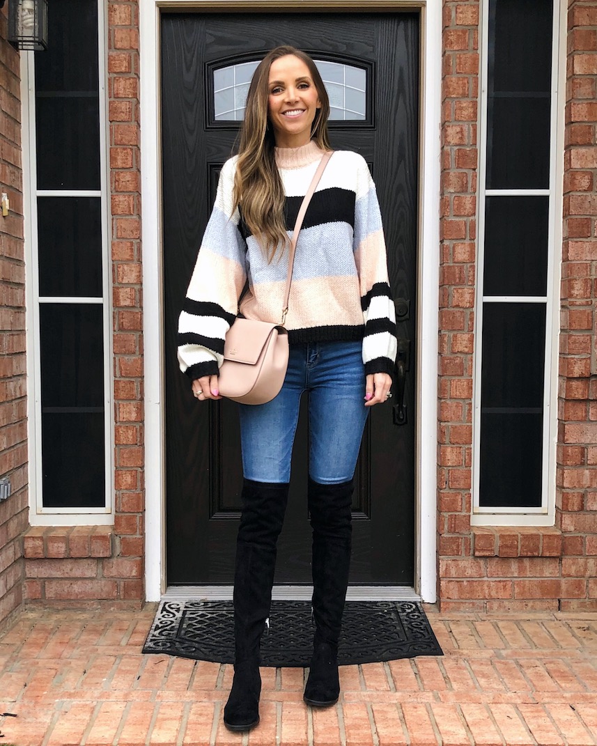 this striped sweater and over the knee boots are 40% off right now!