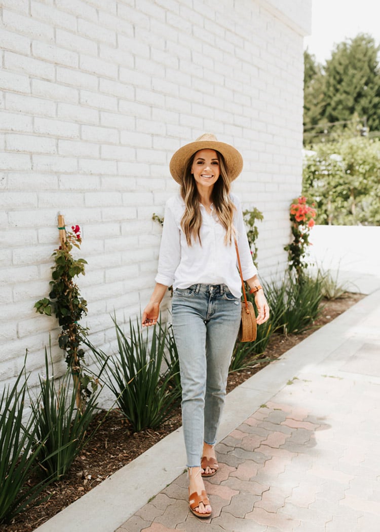 light wash jeans and a white button down