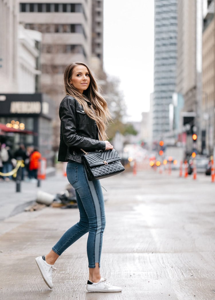 black leather jacket and jeans with side stripe streetstyle