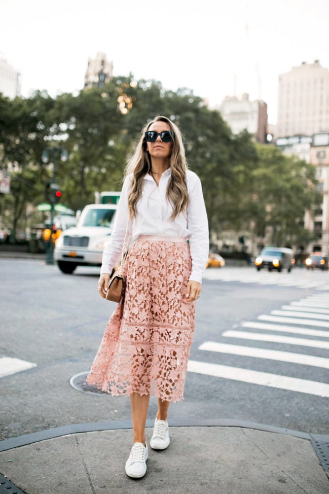 pink lace skirt white sneakers