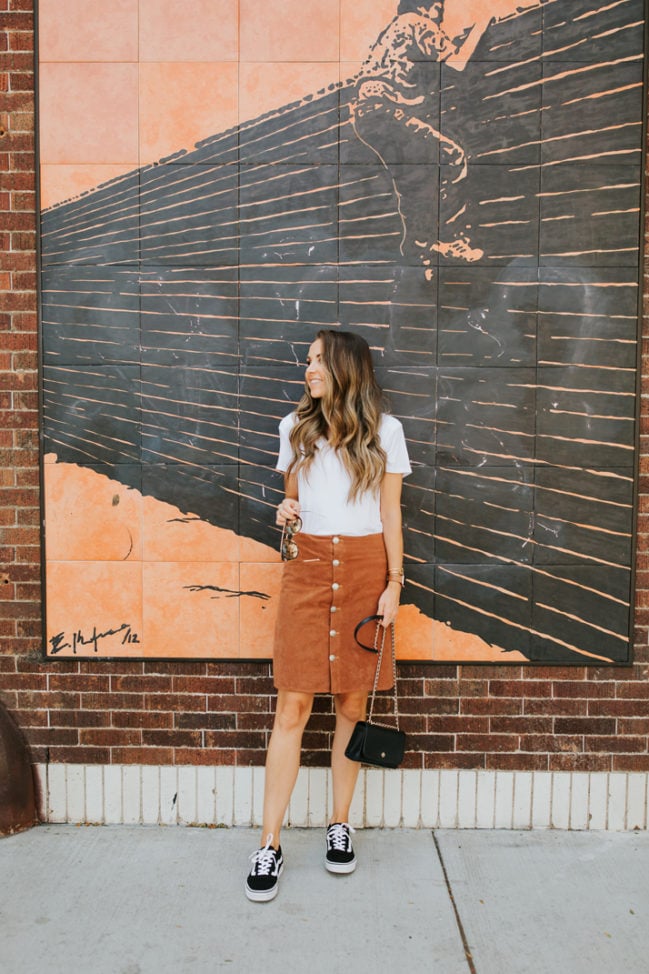 button front suede skirt with sneaker