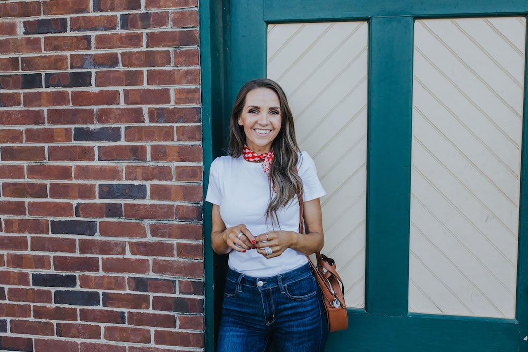 white tee and bandana scarf
