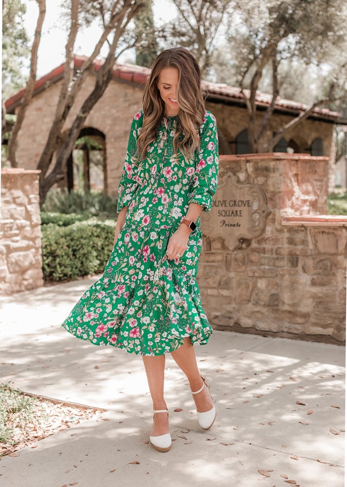 green floral dress with espadrille wedges what to wear to church