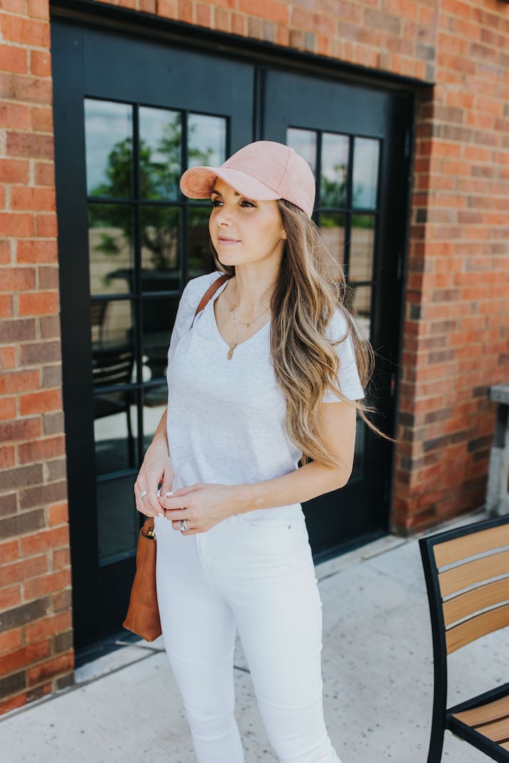 white jeans and gray tee