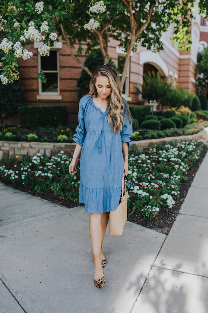 chambray dress and leopard flats