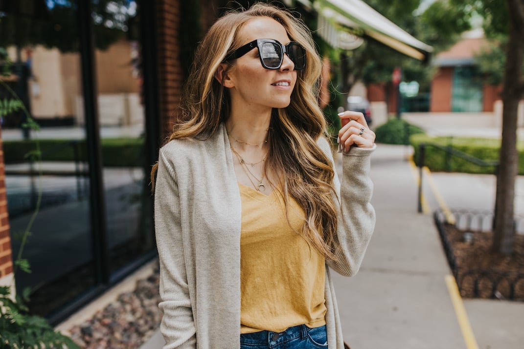 this mustard tee is under $15, and this cardigan is super cozy