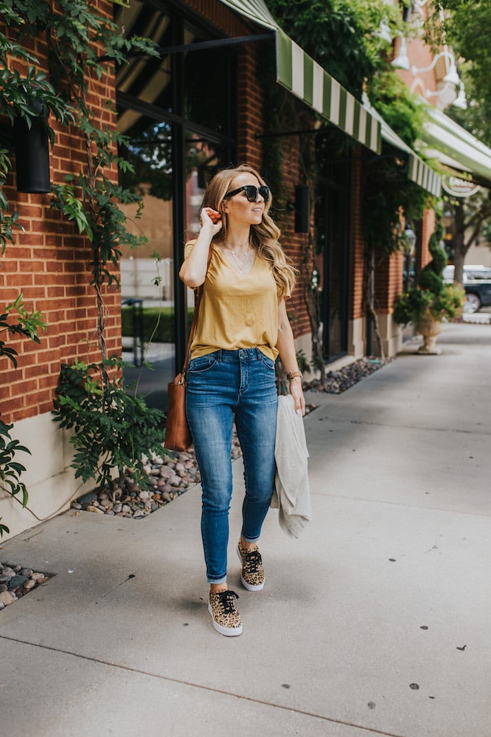 leopard sneakers and mustard tee