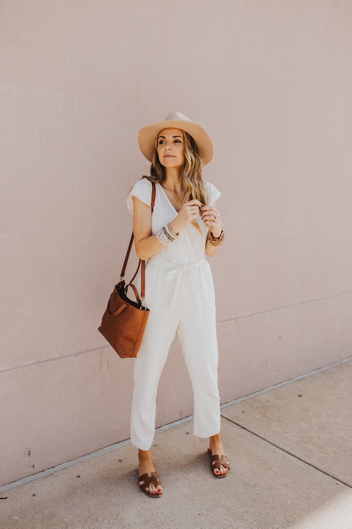 white jumpsuit and summer jewelry