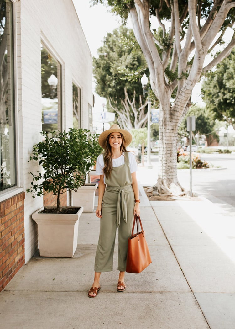 olive jumpsuit and white tee