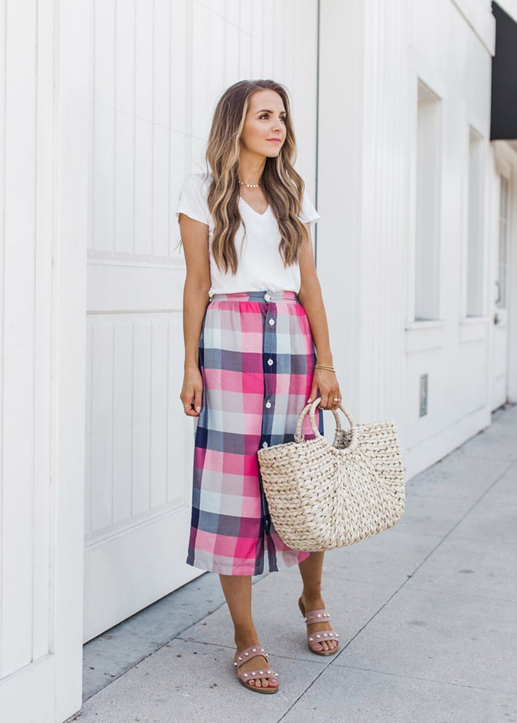 plaid midi skirt and white tshirt outfit