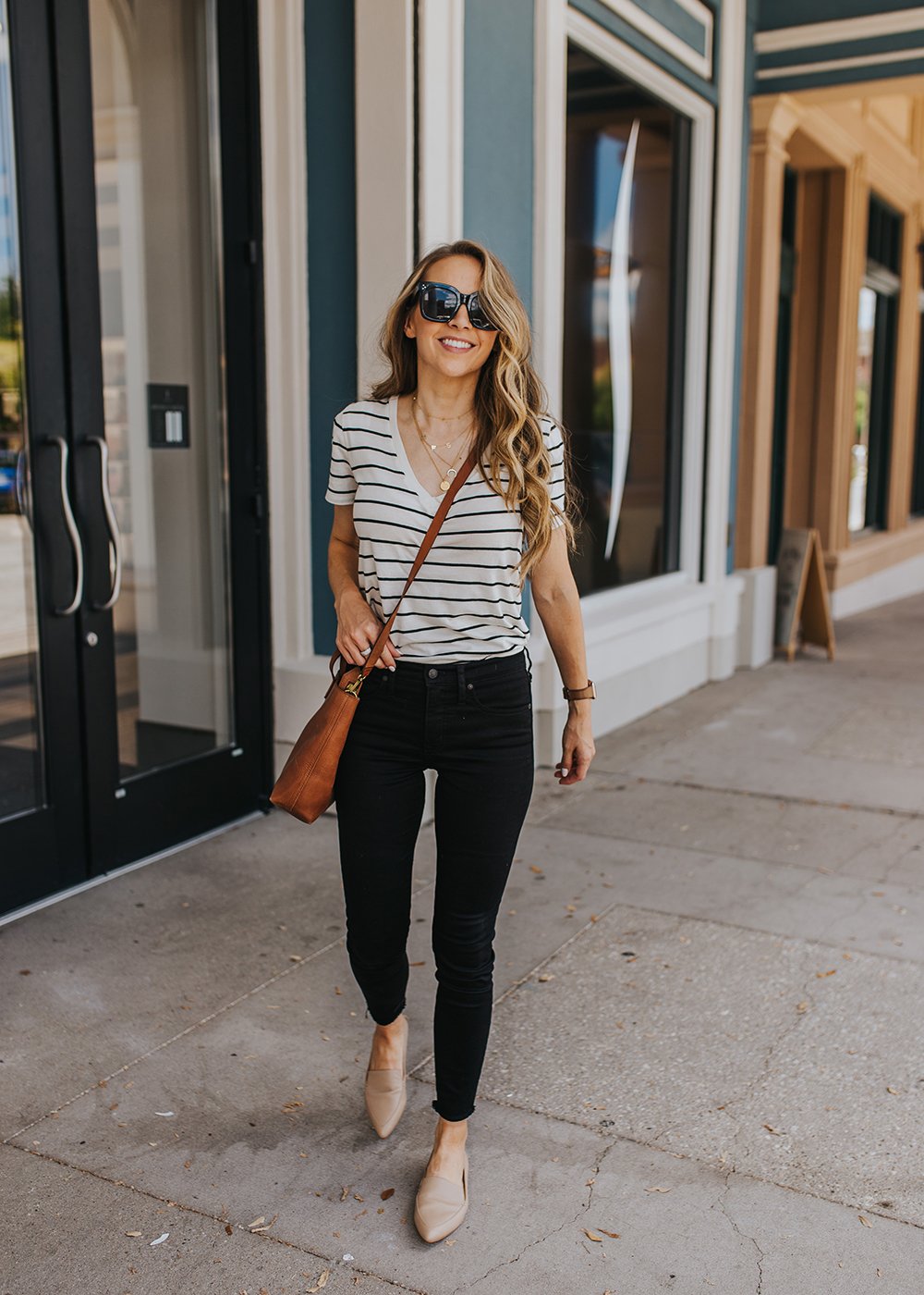 black jeans and striped shirt with leopard flats