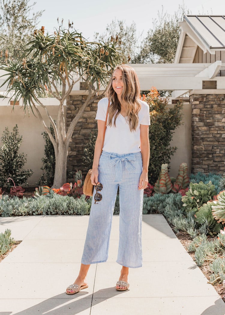wide leg pants and white tee