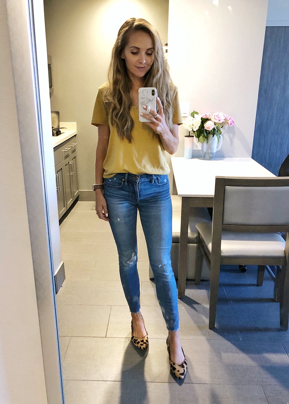 yellow tshirt and jeans