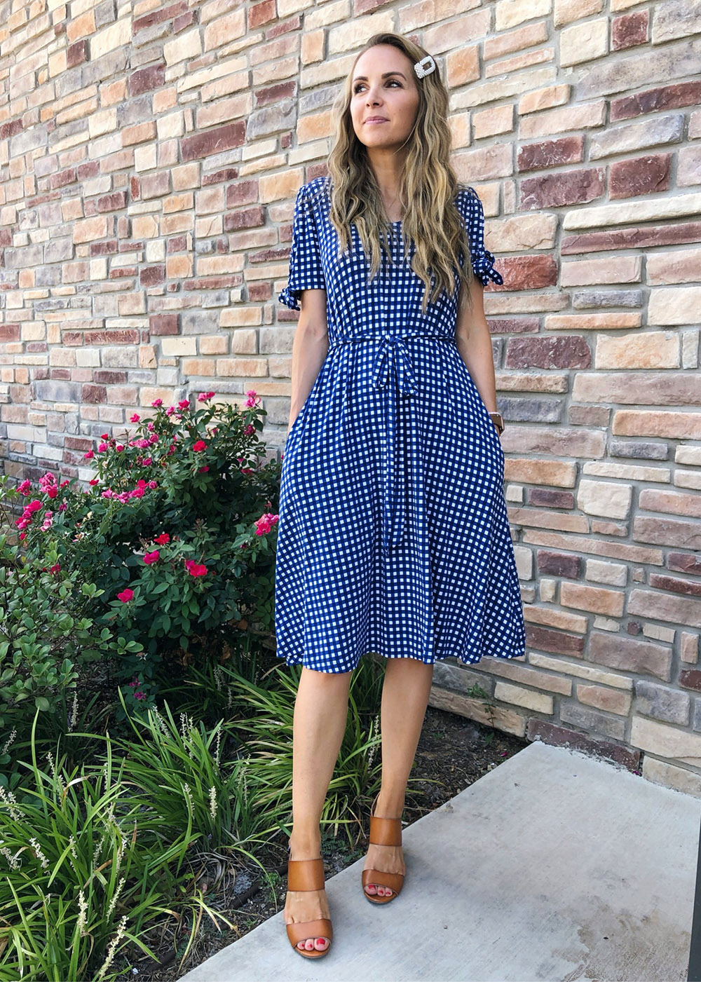 ginham dress and heeled sandals - instagram outfit