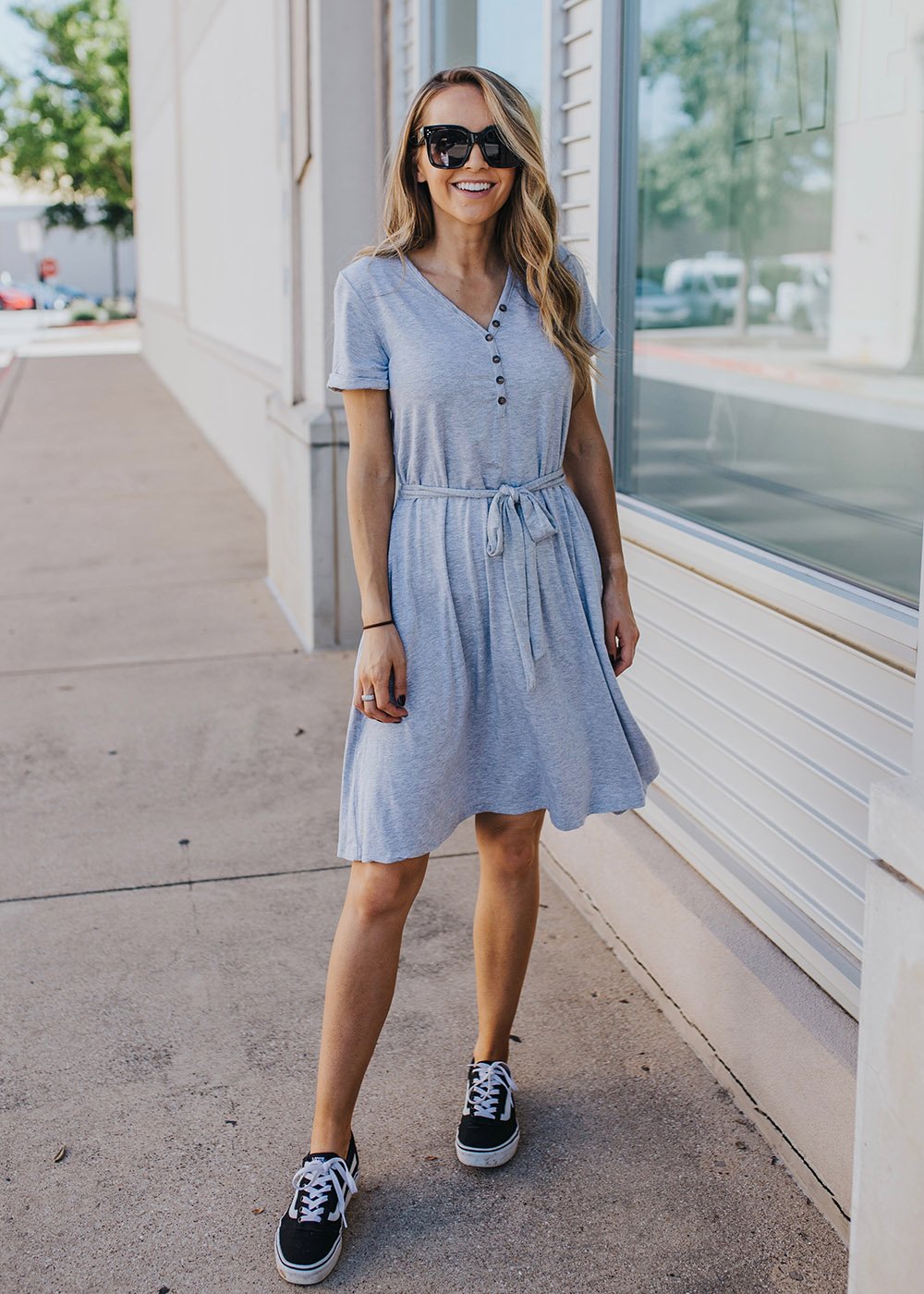 gray henley dress and van sneakers - instagram outfit