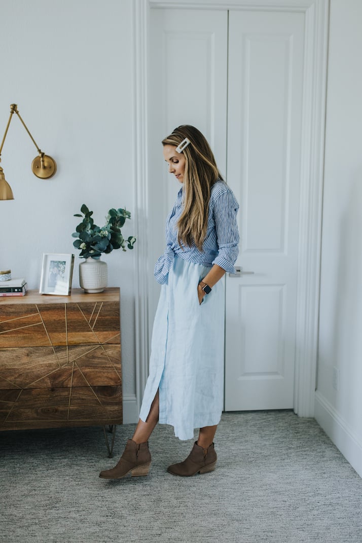 merricksart summer linen dress styled for fall