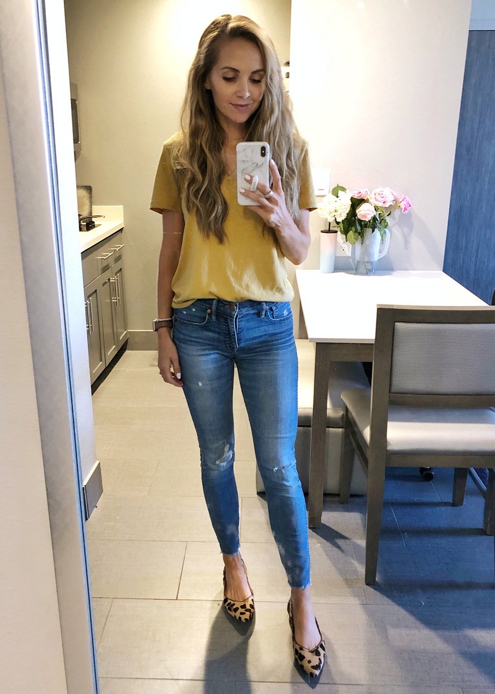 mustard vneck tee and jeans - instagram outfit