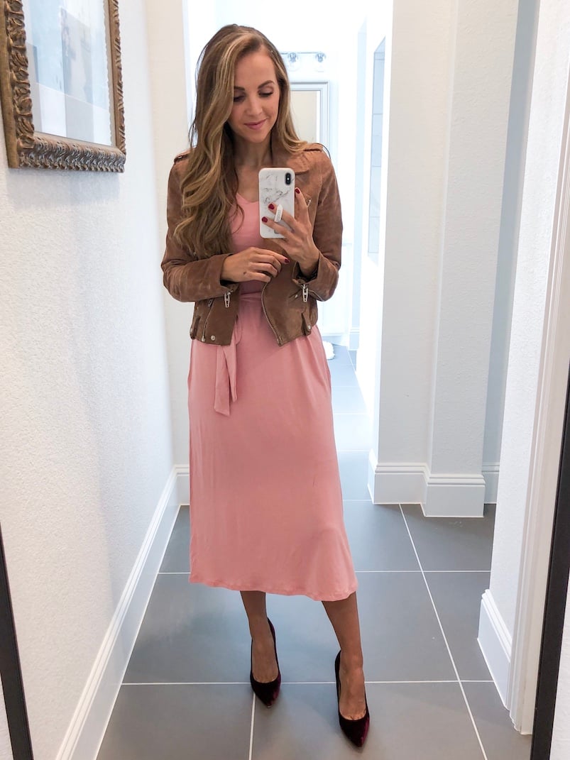 Merrick White Anywhere Dress suede jacket and velvet pumps