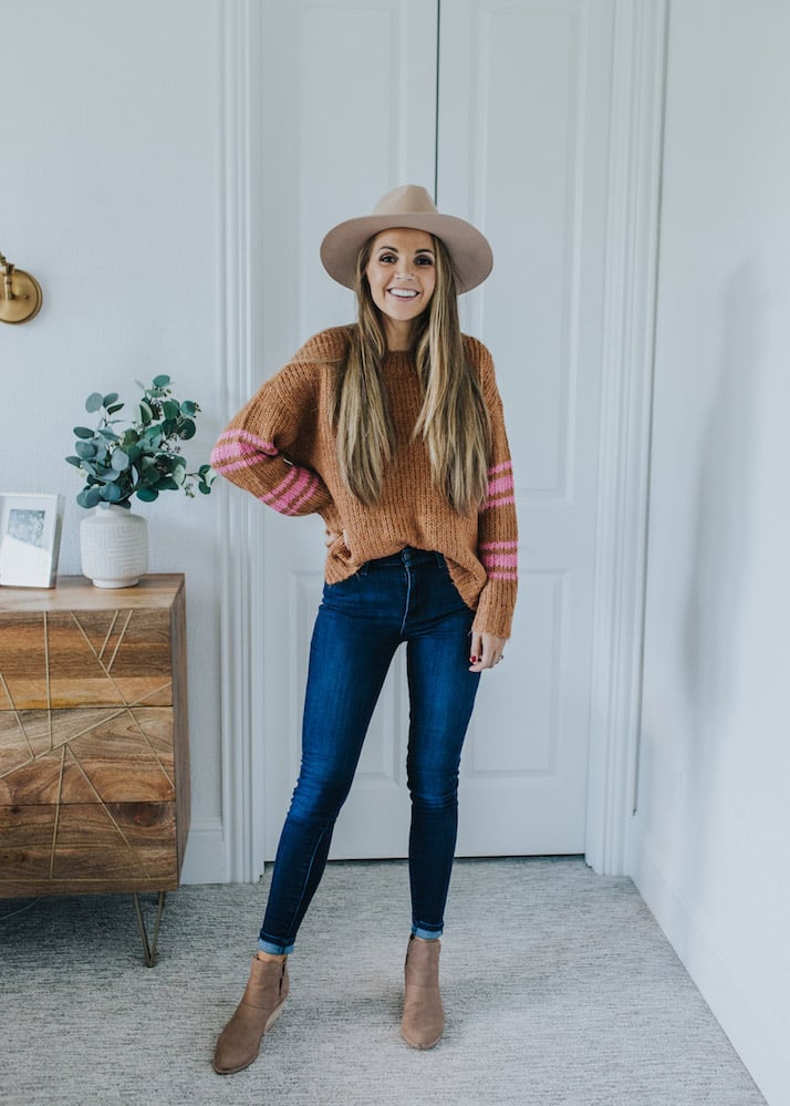 brown sweater with pink stripes tan fedora hat