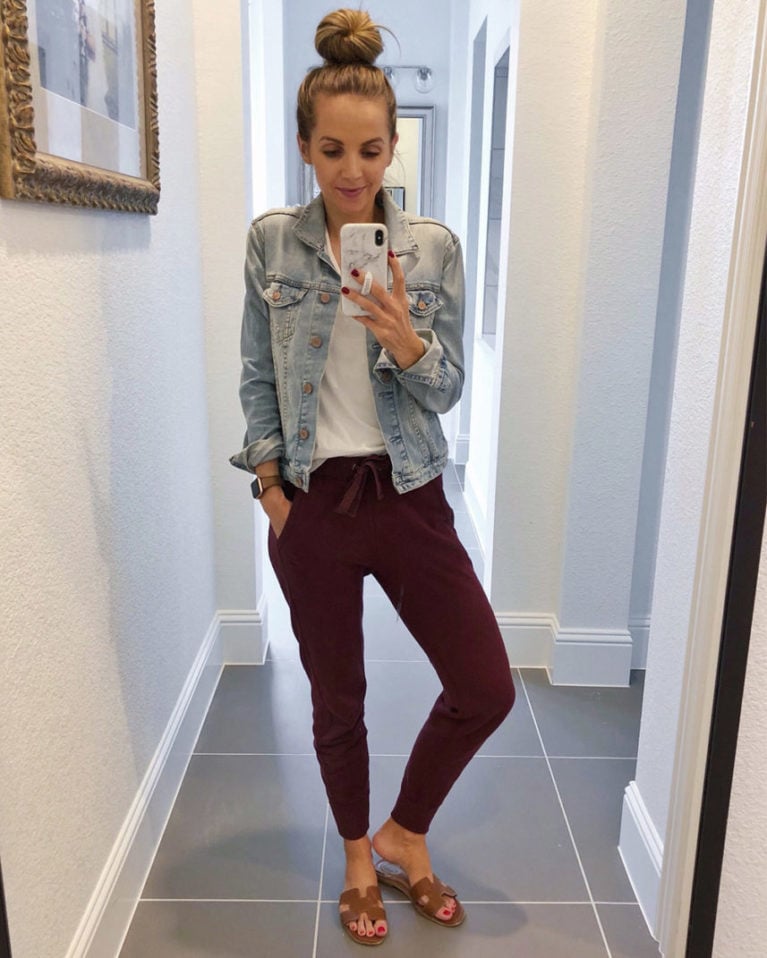 maroon sweatpants with denim jacket and white tee