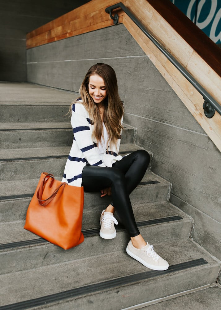 black leather leggings striped cardigan