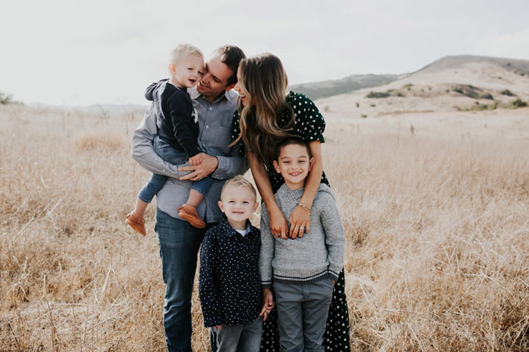 family photo with gray and green
