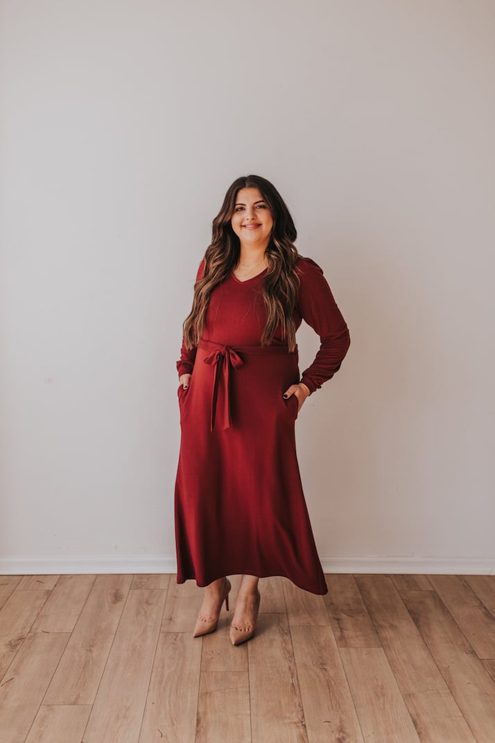 dark red midi dress with nude pumps