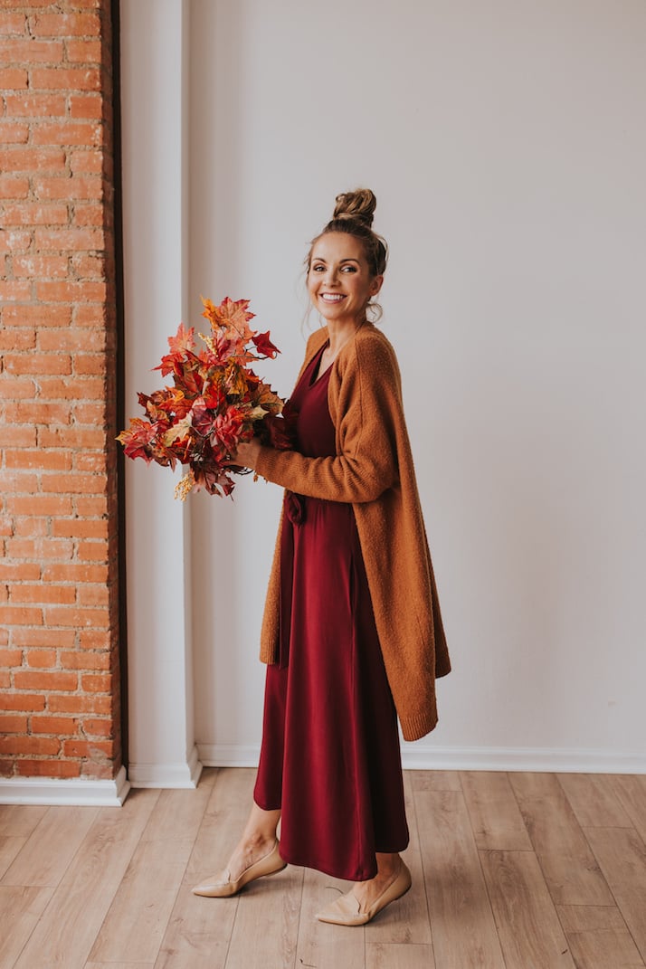 caramel cardigan with dark red midi dress