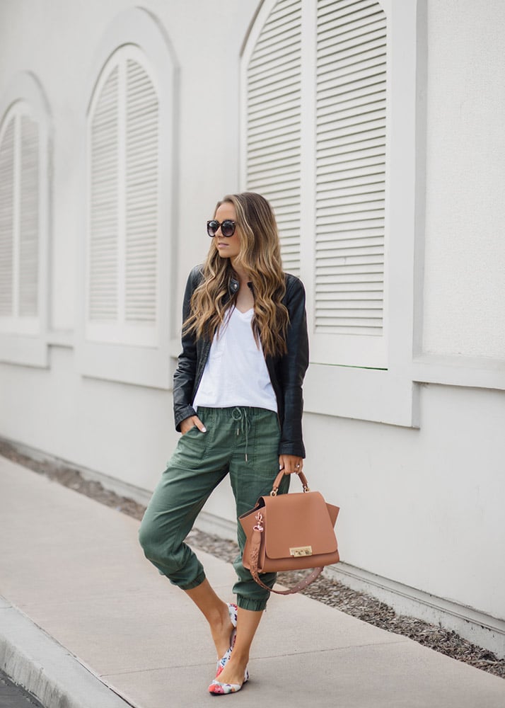 joggers with leather jacket and flats