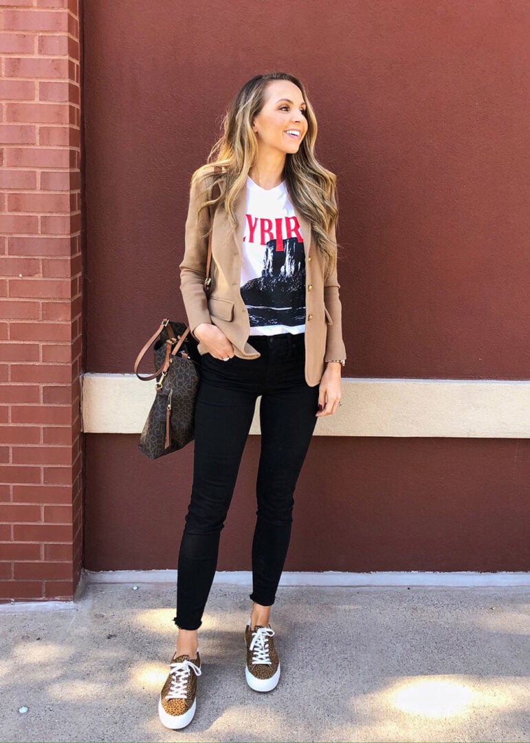 graphic tee with blazer and jeans