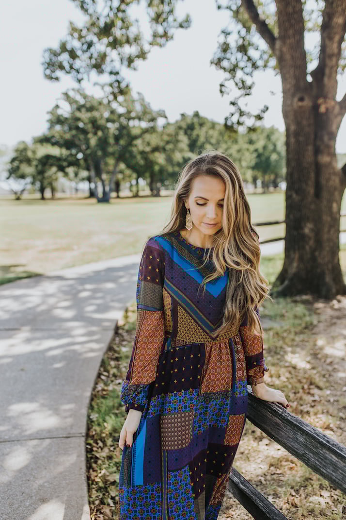 the prettiest unique printed maxi dress for fall