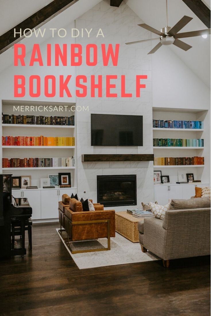 rainbow bookshelf with fireplace and living room