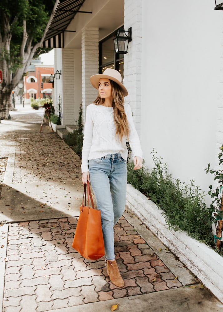 madewell leather tote bag tan fedora hat