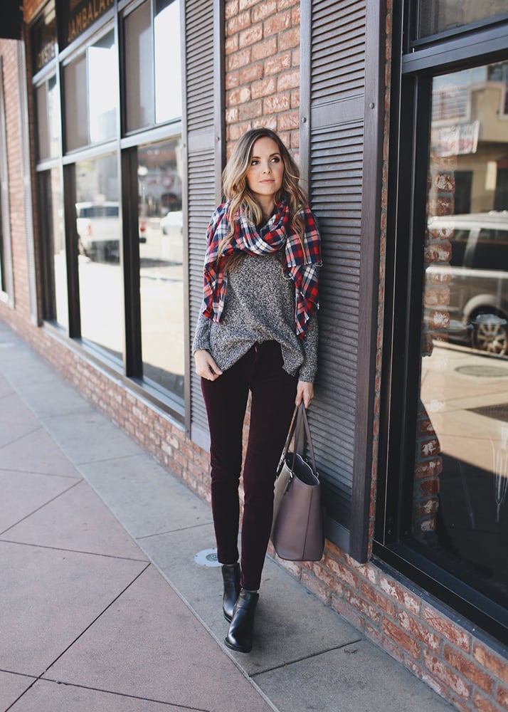 scarf and dark sweater plaid scarf