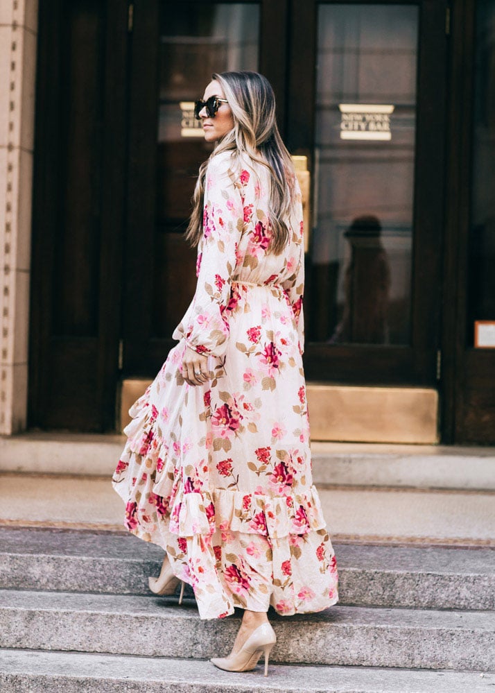 Maxi floral dress and nude pumps