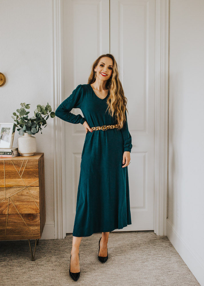 Long teal dress and leopard print belt