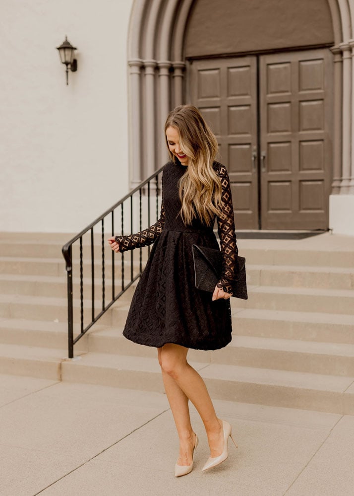 Black lace dress and nude leather pumps