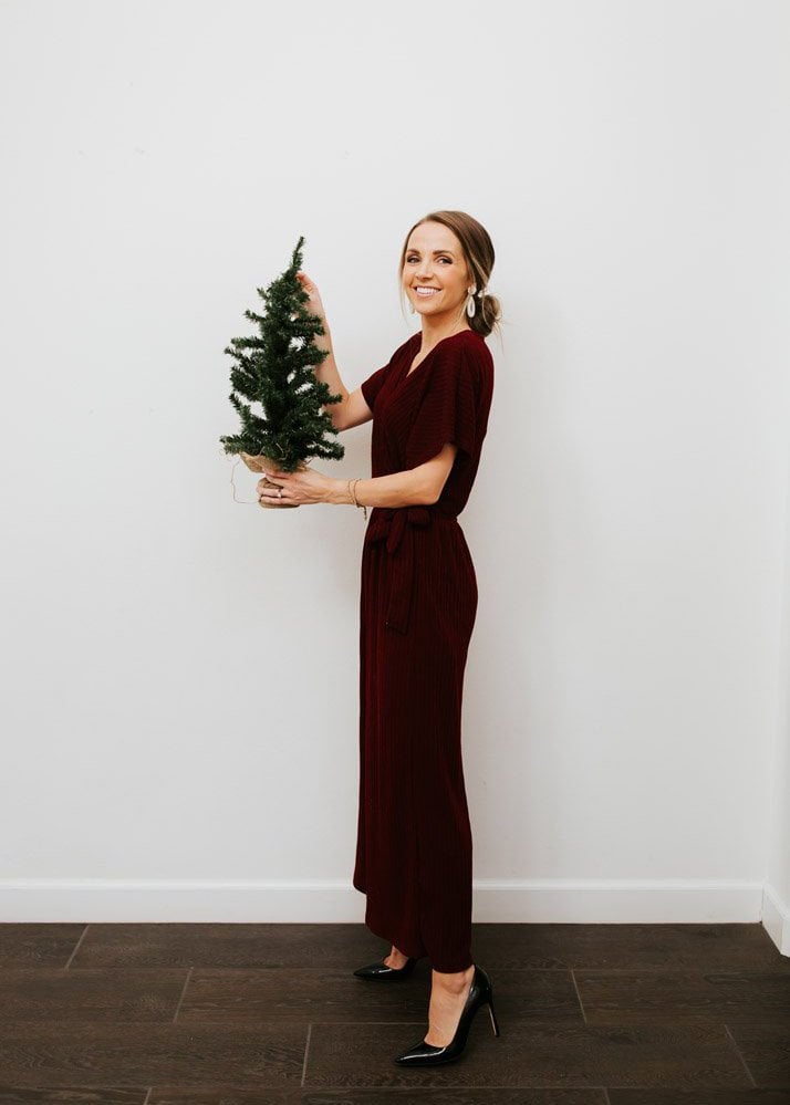 Burgundy jumpsuit and heels
