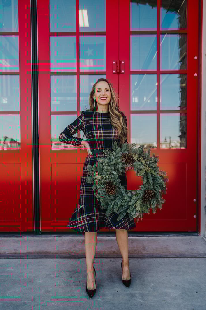plaid dress with wreath and red doors